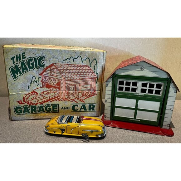 Vintage 1950s MARX TIN LITHO MAGIC GARAGE with wind up car & box nice rare! - Picture 1 of 15